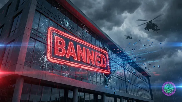 cinematic ultra-wide 16:9 composition of a glass tech office building with red digital fractures spreading across the facade against a dark stormy sky with military helicopters in the distance