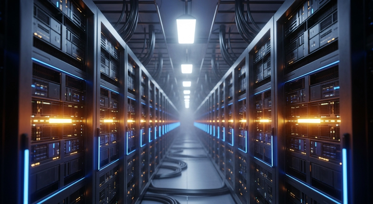 Massive futuristic data center in the desert at sunset with solar panels