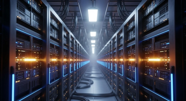 Massive futuristic data center in the desert at sunset with solar panels