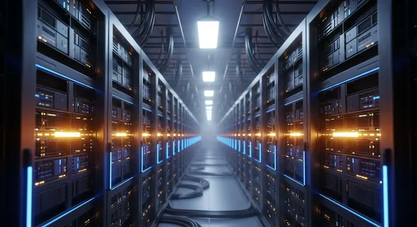 Massive futuristic data center in the desert at sunset with solar panels