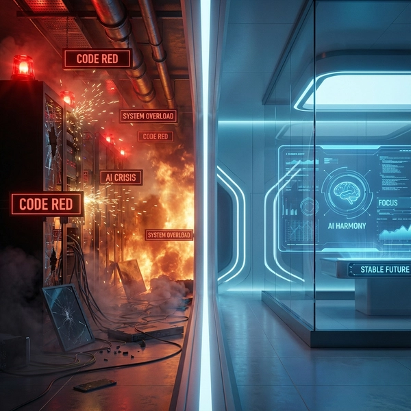 Conceptual illustration contrasting chaotic 'Code Red' panic with a calm, futuristic AI interface.