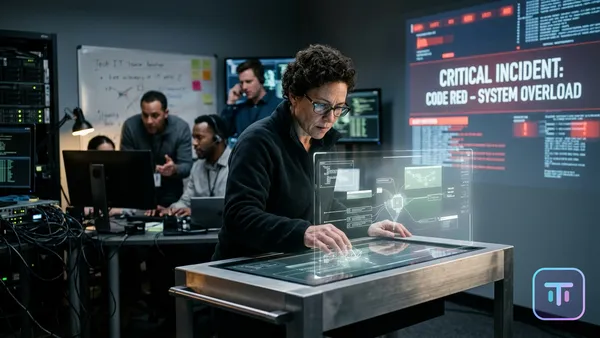 Illustration conceptuelle contrastant la panique chaotique du « Code Rouge » avec une interface d'IA calme et futuriste.