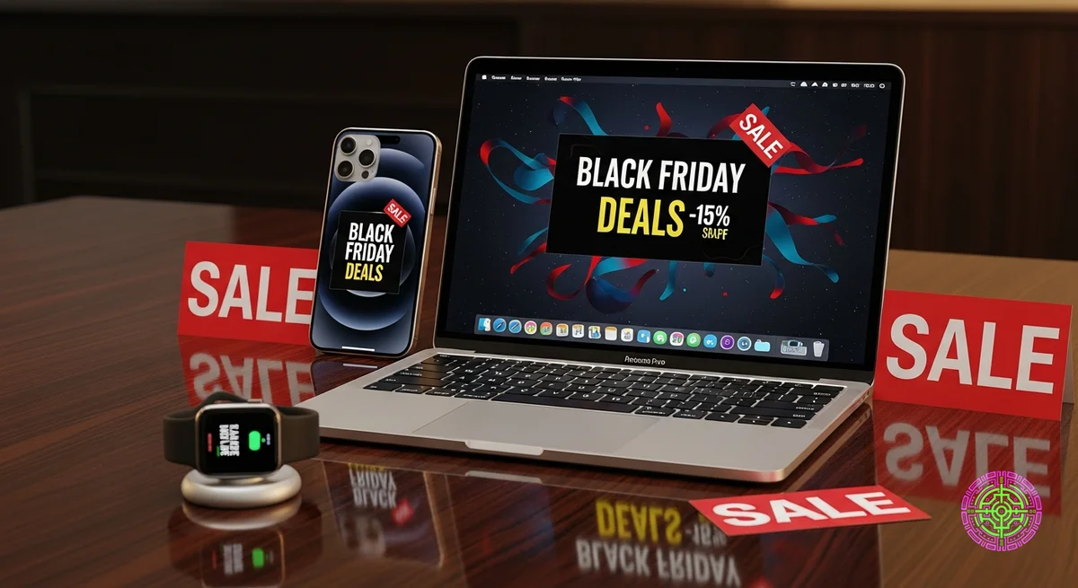 Produtos Apple premium, incluindo MacBook, iPhone e Apple Watch, lindamente dispostos em uma luxuosa mesa de madeira, conceito de ofertas de Black Friday.