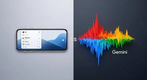 Cinematic illustration of Apple Siri interface merging with Google Gemini energy, symbolizing a billion-dollar AI partnership