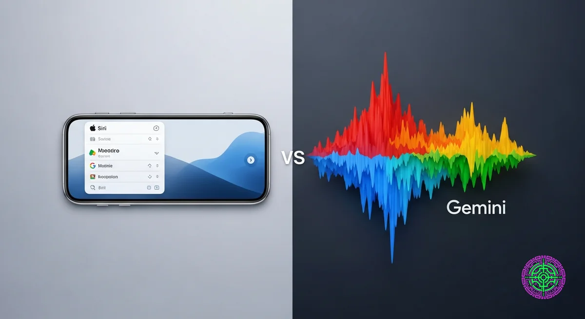 Kinoreife Illustration der Apple Siri-Oberfläche, die mit der Google Gemini-Energie verschmilzt und eine milliardenschwere KI-Partnerschaft symbolisiert