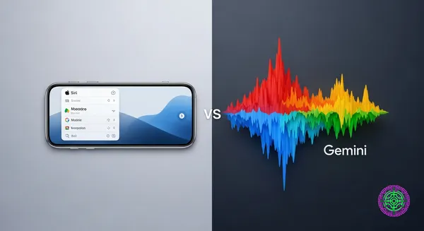 Ilustración cinematográfica de la interfaz de Apple Siri fusionándose con la energía de Google Gemini, simbolizando una asociación de IA de mil millones de dólares