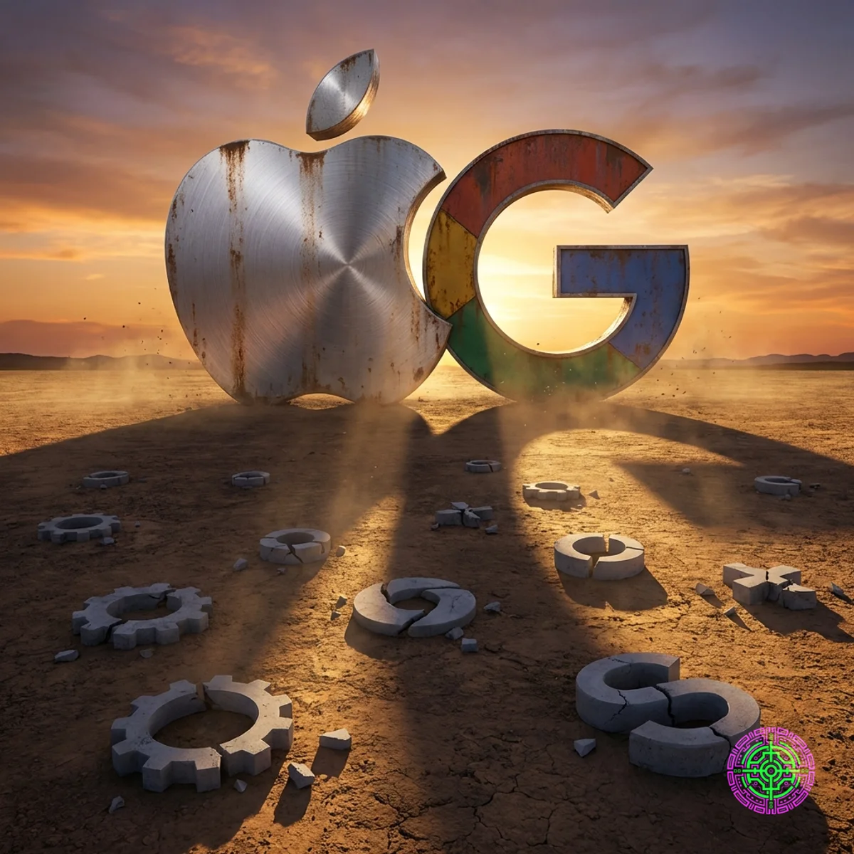 Una composición dividida que muestra el logotipo de Apple y el logotipo de la G de Google entrelazados como engranajes industriales pesados, proyectando una sombra sobre símbolos de código abierto rotos.