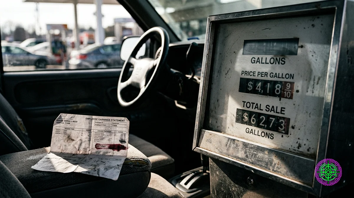 A weathered fuel pump display and a payroll stub side by side on a wooden counter, the pump's price climbing past four dollars while the stub's net pay line is smudged into the red.