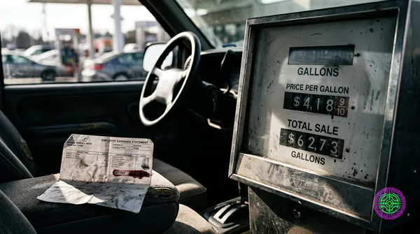 A weathered fuel pump display and a payroll stub side by side on a wooden counter, the pump's price climbing past four dollars while the stub's net pay line is smudged into the red.