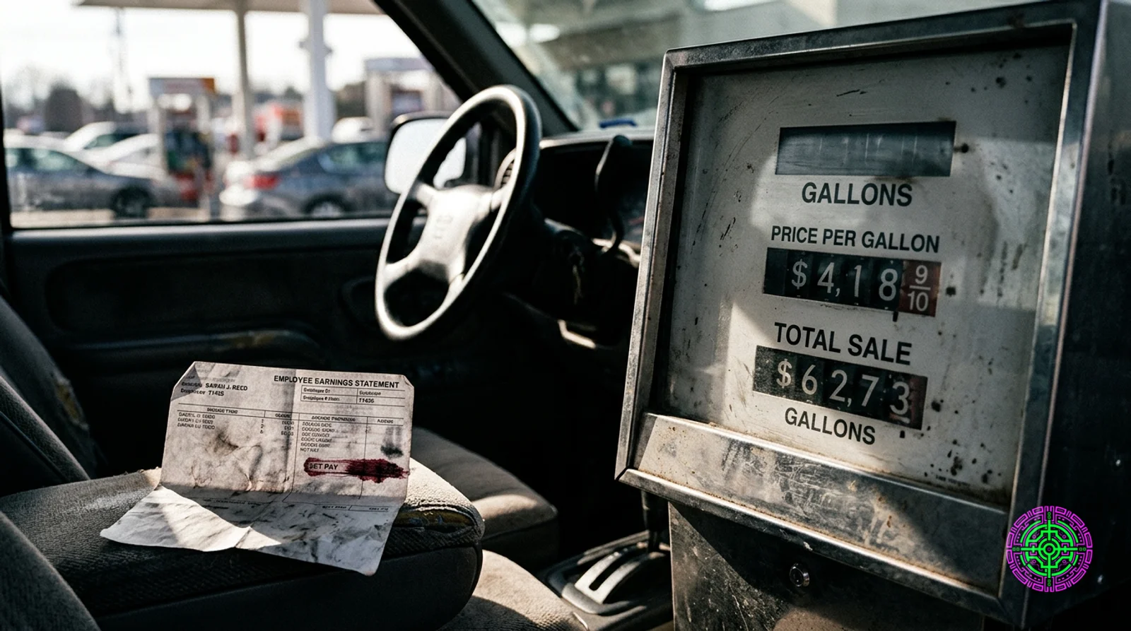 A weathered fuel pump display and a payroll stub side by side on a wooden counter, the pump's price climbing past four dollars while the stub's net pay line is smudged into the red.