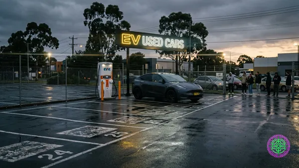 An empty Australian suburban used car dealership lot at dusk under a giant illuminated EV sign with only one charging vehicle remaining and a long queue of people waiting at the gate, gritty documentary photography style