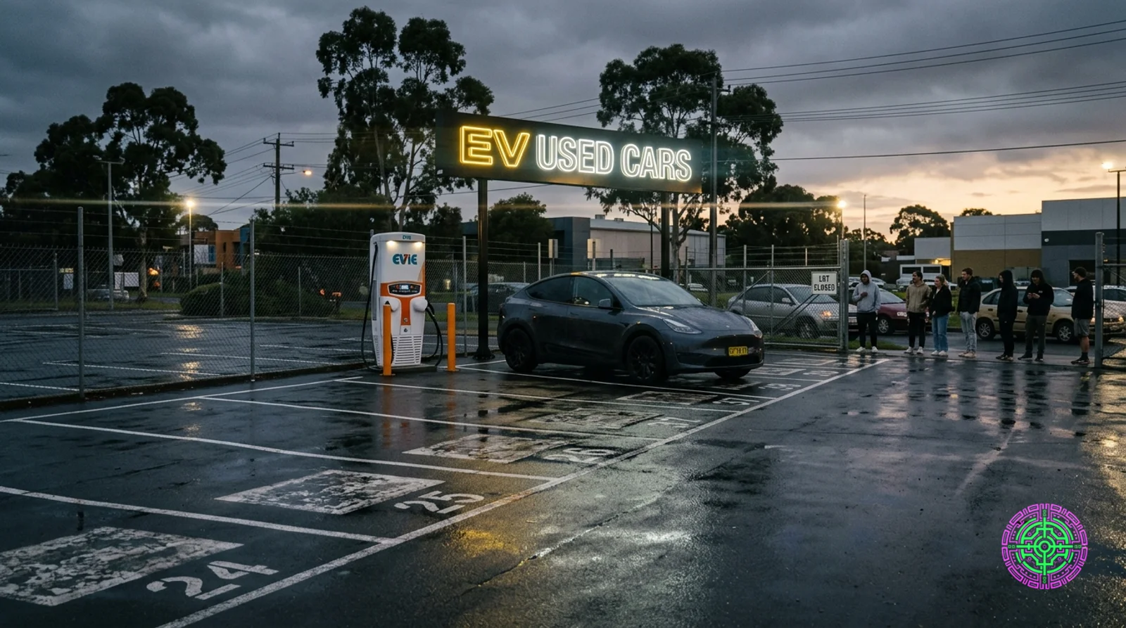 An empty Australian suburban used car dealership lot at dusk under a giant illuminated EV sign with only one charging vehicle remaining and a long queue of people waiting at the gate, gritty documentary photography style
