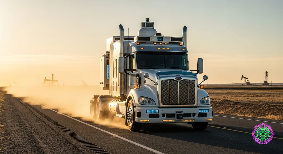 Ein fotorealistischer Sattelzug der Klasse 8 mit autonomem Lidar-Styling, der zur goldenen Stunde auf einer staubigen, asphaltierten Autobahn im westtexanischen Permbecken fährt.