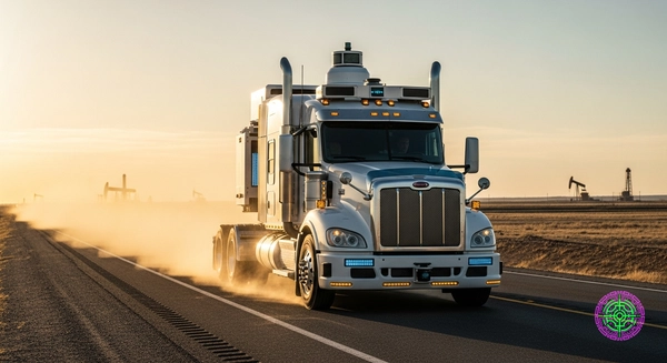 A photorealistic Class 8 semi-truck with autonomous lidar styling driving on a dusty paved highway in the West Texas Permian Basin at golden hour.