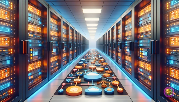 Massive modern cloud data center exterior at dusk with subtle Amazon orange lighting