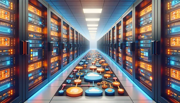 Massive modern cloud data center exterior at dusk with subtle Amazon orange lighting