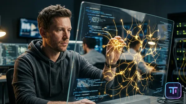 Visualización conceptual del motor de pensamiento AWS Kiro que muestra vías neuronales doradas sobre una interfaz de código de vidrio.