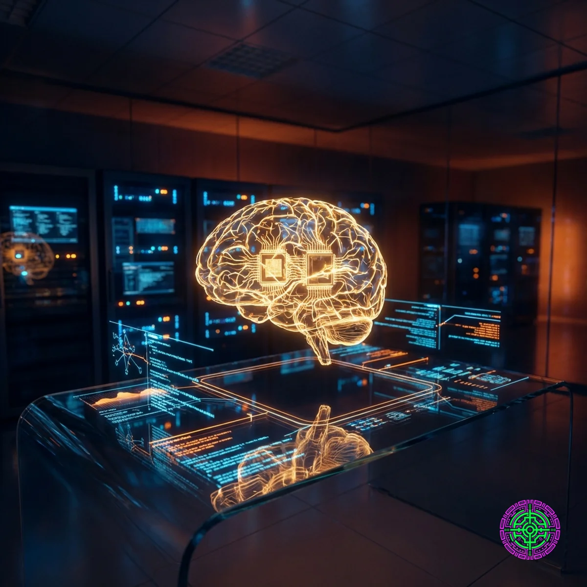 Visualisation conceptuelle du moteur de réflexion AWS Kiro montrant des voies neuronales dorées sur une interface de code en verre.