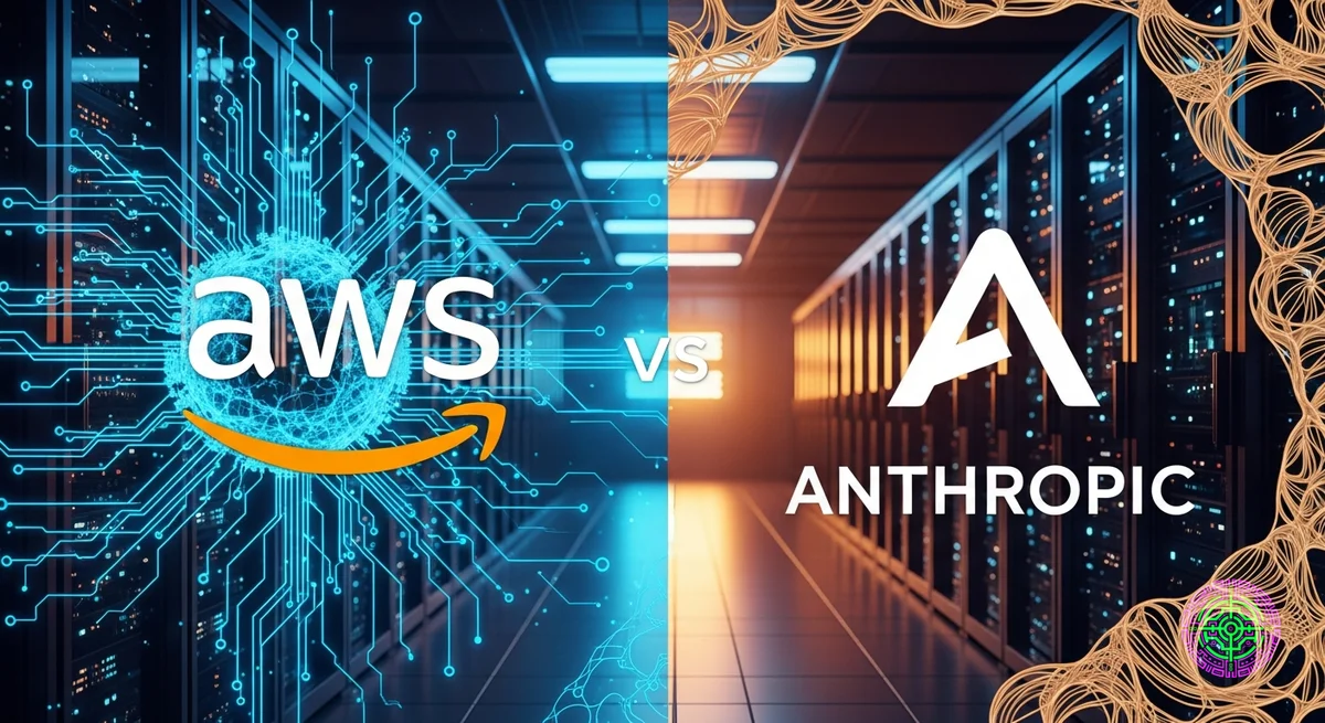 Écran partagé futuriste : à gauche, le logo Amazon AWS avec un réseau neuronal numérique bleu, à droite, le logo Anthropic avec des motifs géométriques organiques chaleureux, face à face dans une salle de serveurs de haute technologie