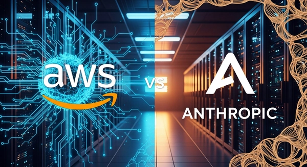 Futuristic split screen: Left side Amazon AWS logo with blue digital neural network, Right side Anthropic logo with warm organic geometric patterns, facing off in a high-tech server room