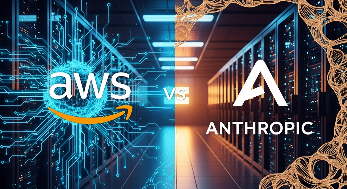 미래 지향적인 분할 화면: 왼쪽은 파란색 디지털 신경망이 있는 Amazon AWS 로고, 오른쪽은 따뜻한 유기적 기하학적 패턴이 있는 Anthropic 로고가 하이테크 서버 룸에서 대결