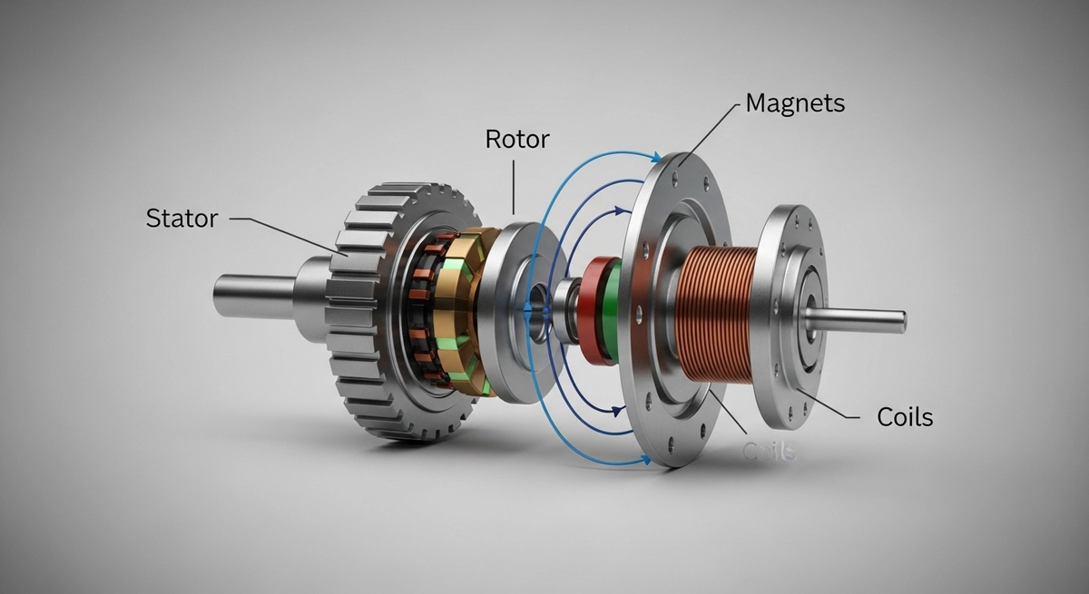 A 3D transparent schematic showing the magnetic flux path in an axial flux motor versus a standard radial motor.