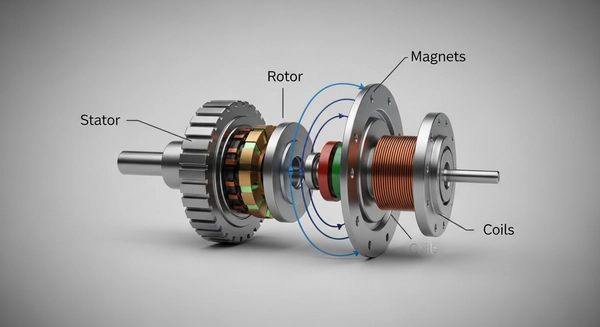A 3D transparent schematic showing the magnetic flux path in an axial flux motor versus a standard radial motor.