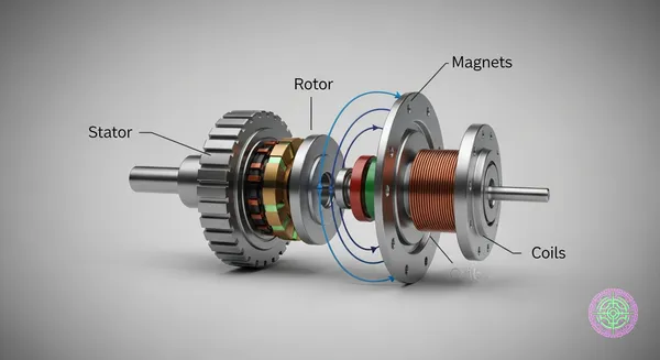 A 3D transparent schematic showing the magnetic flux path in an axial flux motor versus a standard radial motor.