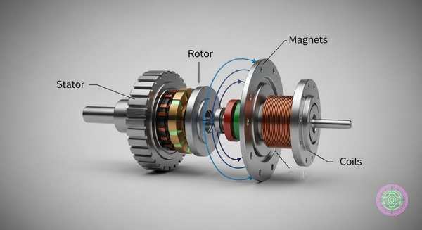 A 3D transparent schematic showing the magnetic flux path in an axial flux motor versus a standard radial motor.