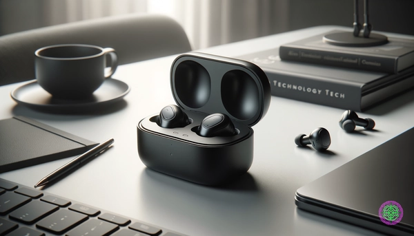 Product photography of sleek wireless earbuds in a charging case on clean background