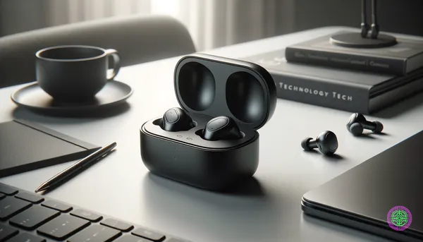 Product photography of sleek wireless earbuds in a charging case on clean background