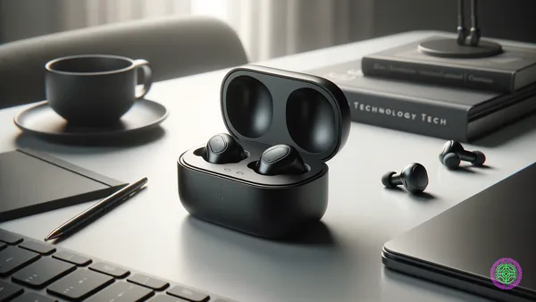 Product photography of sleek wireless earbuds in a charging case on clean background