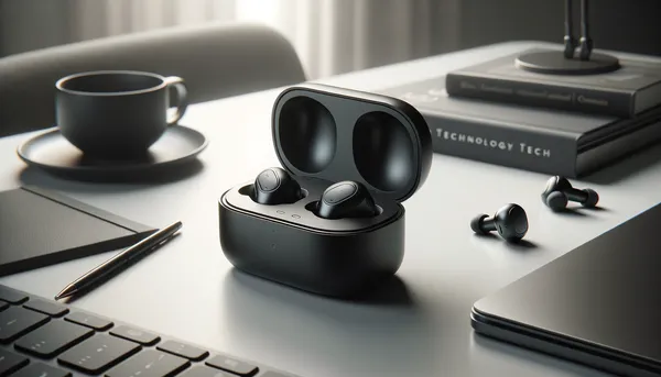 Product photography of sleek wireless earbuds in a charging case on clean background