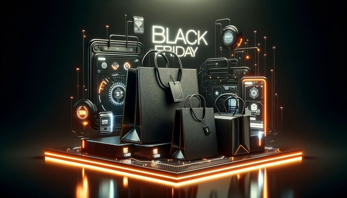 Minimalist Black Friday shopping concept with sleek black bags and neon accents