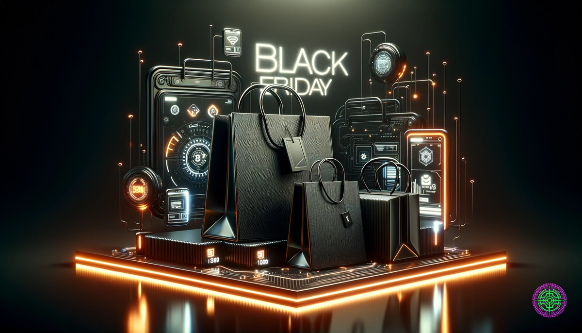 Minimalist Black Friday shopping concept with sleek black bags and neon accents