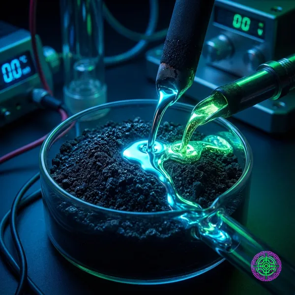 A macro shot of battery black mass powder being processed into liquid metal streams in a high-tech lab.