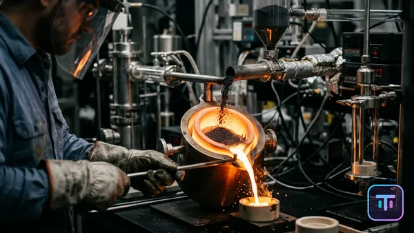 Una macrofotografía de polvo de masa negra de batería que se procesa en corrientes de metal líquido en un laboratorio de alta tecnología.