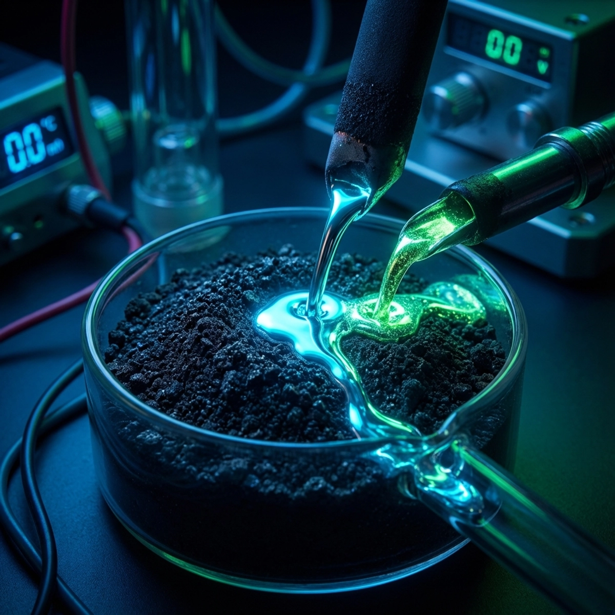 A macro shot of battery black mass powder being processed into liquid metal streams in a high-tech lab.