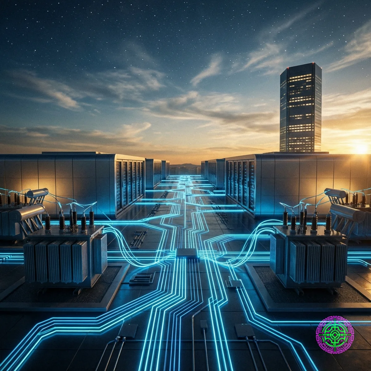 A futuristic data center complex with glowing blue power lines connecting to a massive corporate skyscraper at dusk.