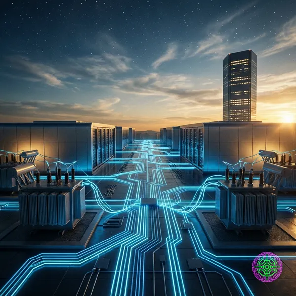 A futuristic data center complex with glowing blue power lines connecting to a massive corporate skyscraper at dusk.