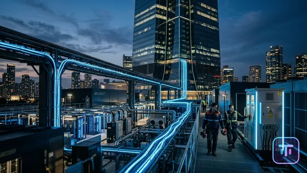 Ein futuristischer Rechenzentrumskomplex mit leuchtend blauen Stromleitungen, die sich in der Dämmerung mit einem riesigen Konzernwolkenkratzer verbinden.