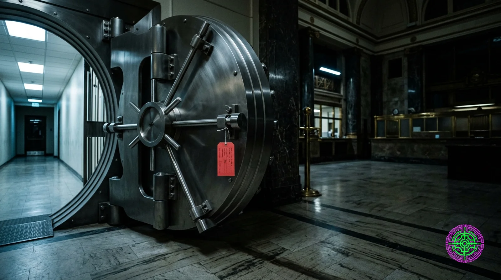 A pristine bank vault door standing slightly ajar in a dim marble lobby, with a thin red emergency tag hanging from its handle, documentary photojournalistic style