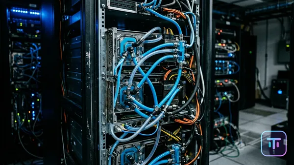 High-contrast data center rack with liquid-cooled NVIDIA B300 GPUs and blue fluid tubes.