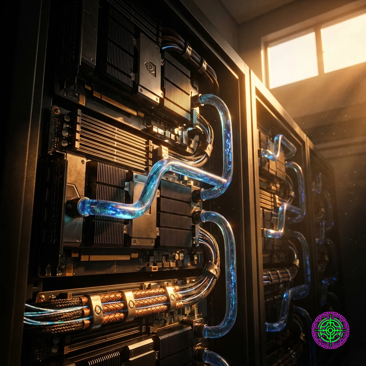 Kontrastreicher Rechenzentrums-Rack mit flüssigkeitsgekühlten NVIDIA B300 GPUs und blauen Flüssigkeitsrohren.