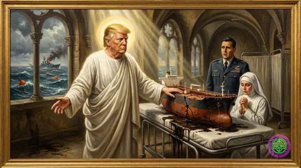 A figure in white religious robes lays a glowing hand on the cracked rusted hull of a supertanker leaking crude oil, Renaissance golden light, a Navy officer and nurse in the background, mine-warning buoys and a distant Arleigh Burke destroyer visible through hazy windows behind, satirical editorial photography meets religious painting composition