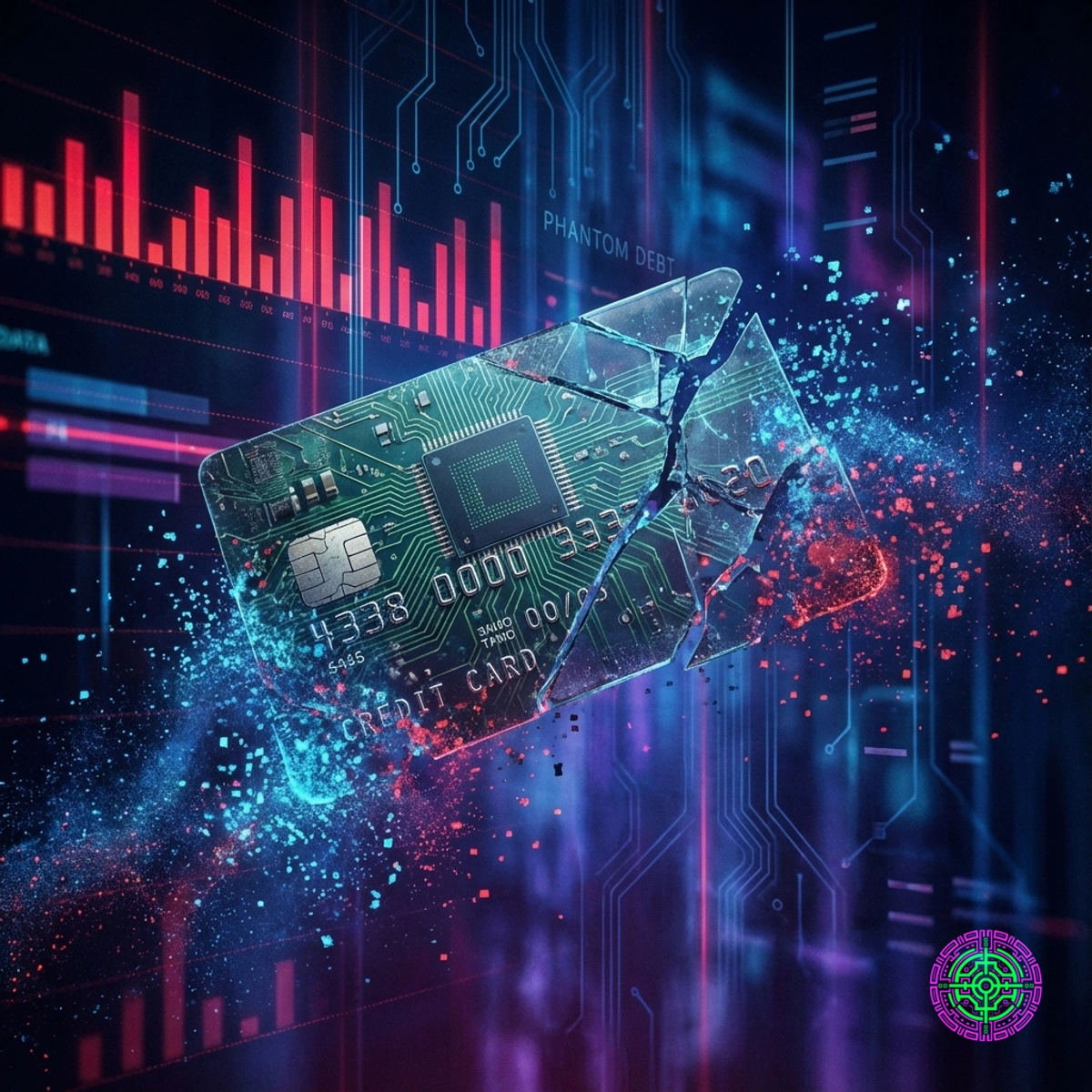 一张破碎的信用卡溶解成数字灰尘，象征着幽灵债务。