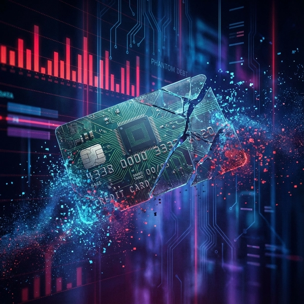 A shattered credit card dissolving into digital dust, symbolizing phantom debt.