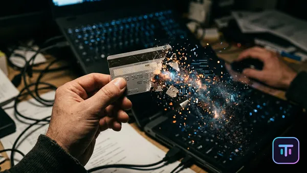 A shattered credit card dissolving into digital dust, symbolizing phantom debt.