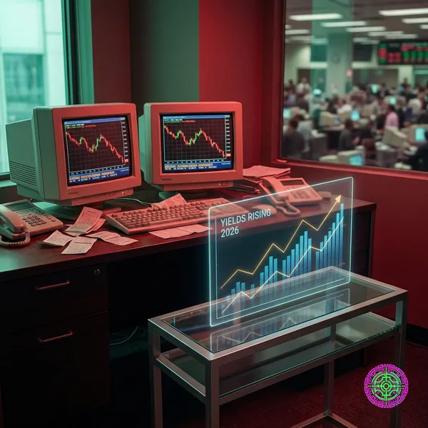 A vintage 1990s bond trading desk with crashing charts juxtaposed with a modern 2026 holographic terminal showing rising yields.