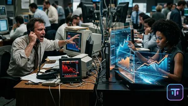 Ein Vintage-Anleihehandelstisch aus den 1990er Jahren mit abstürzenden Charts neben einem modernen holographischen Terminal von 2026, das steigende Renditen zeigt.